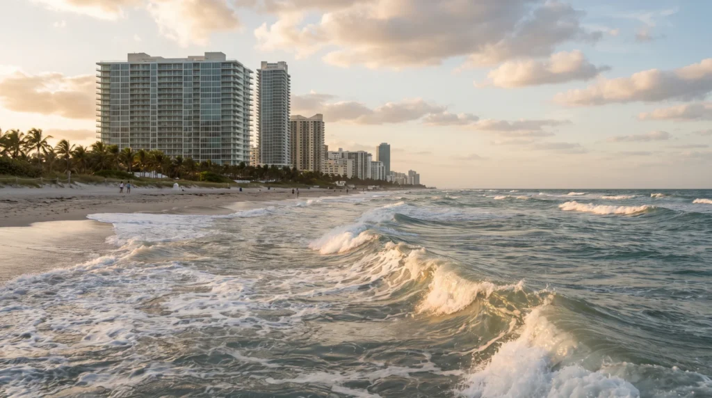 Waves rolling onto a Miami Beach shore with condominium towers behind