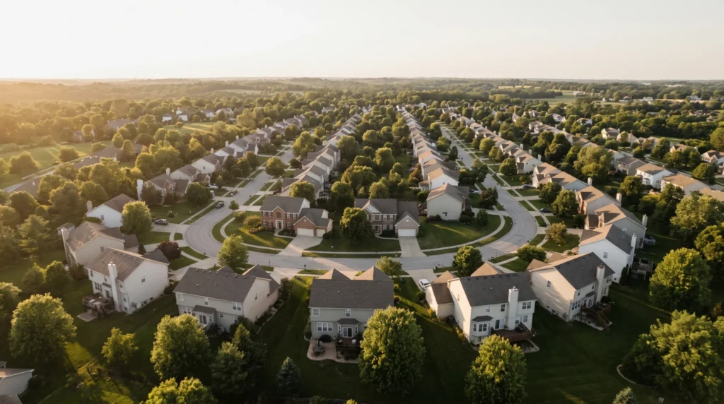 Aerial view of an American suburban neighbourhood in warm afternoon light