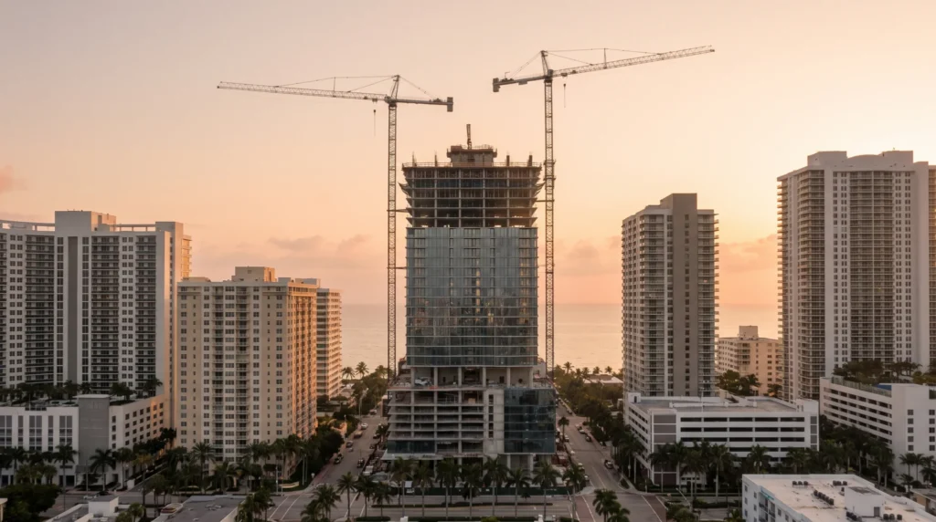 Construction cranes over a new residential tower in Miami at sunrise