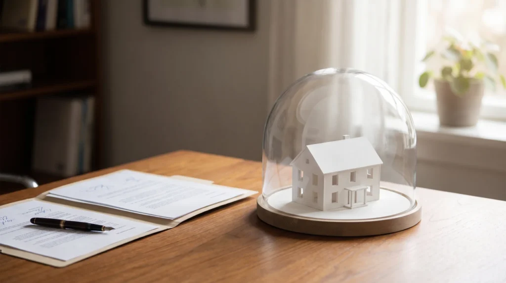 A model house under a glass dome next to signed documents and a pen