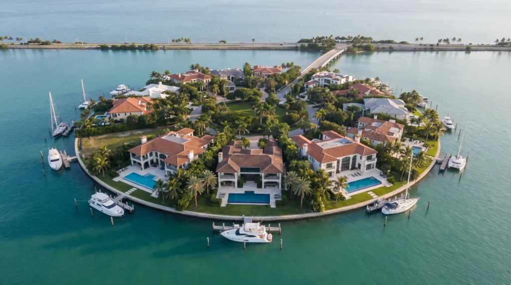 Aerial view of an exclusive Miami Beach island with waterfront villas and yachts