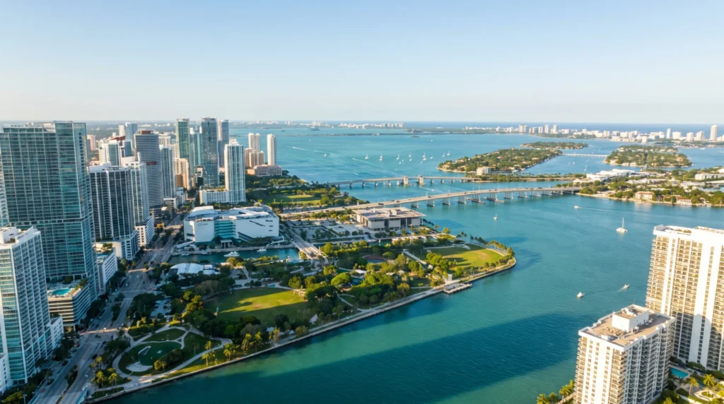 Aerial view of downtown Miami, its bridges and Biscayne Bay