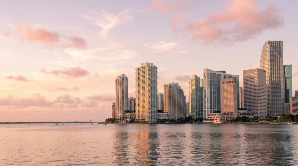 The Miami skyline at sunrise, reflected in the bay