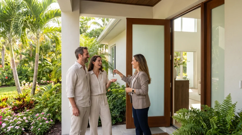 A couple receiving the keys to a South Florida home from their real estate agent