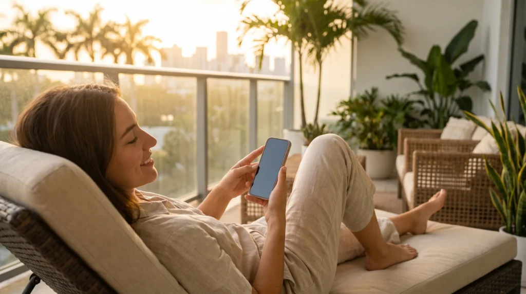 A woman relaxing on a Miami balcony while browsing rental listings on her phone