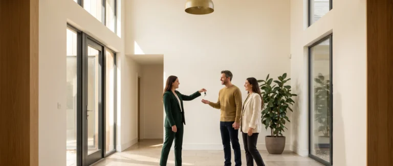 An agent handing house keys to a couple