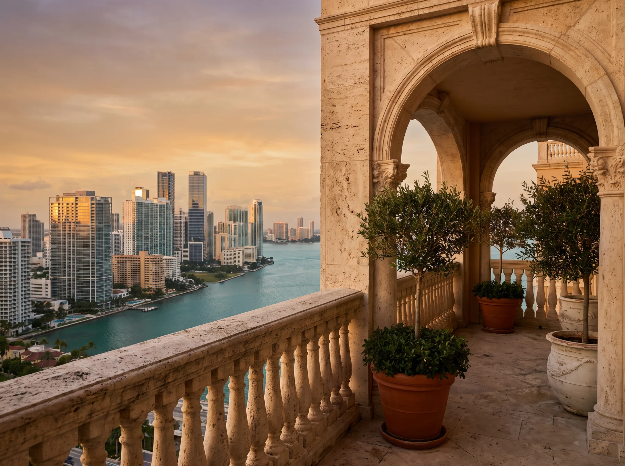 A stone balcony with arches overlooking the Miami skyline