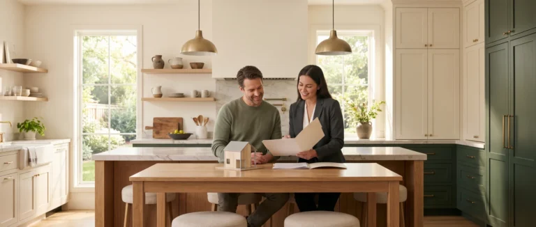 A couple and an advisor reviewing documents at a kitchen island