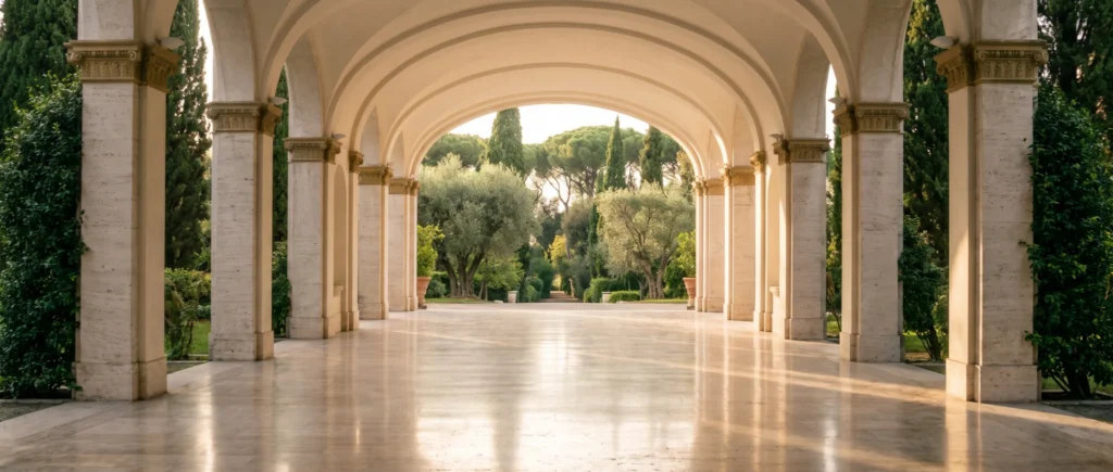 A travertine portico leading to a sunlit garden