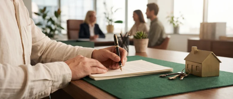 Hands signing closing documents beside house keys and a model house