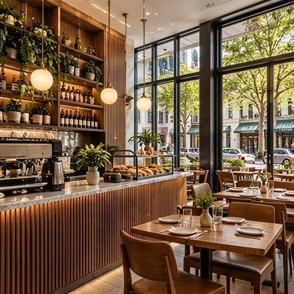 Café interior with a marble counter, wooden tables and large windows onto the street
