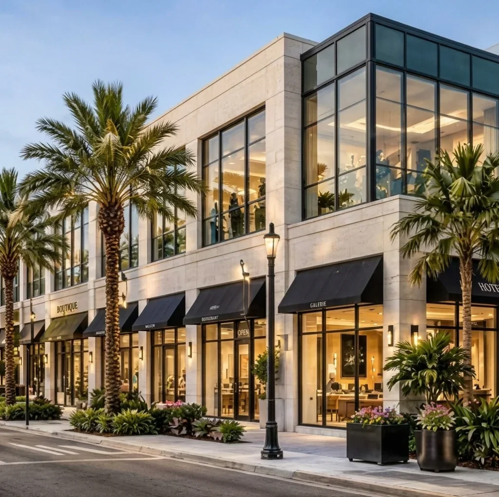 Row of shops with black awnings and palm trees along the sidewalk at dusk