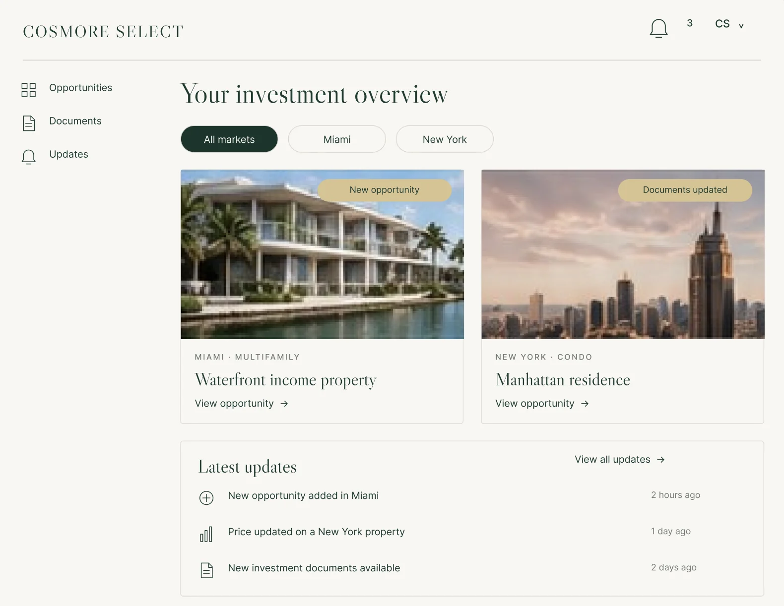 Preview of the Cosmore Select portal: opportunities, documents and latest updates