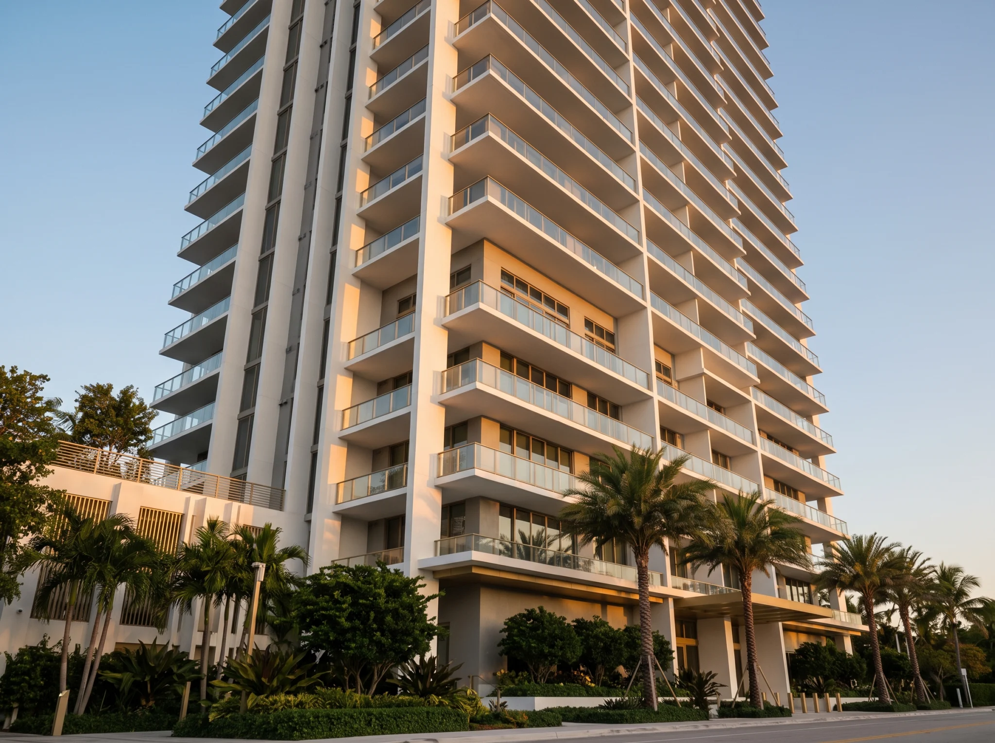 A luxury residential tower in Miami at golden hour