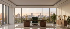 A private office with a city view at dusk