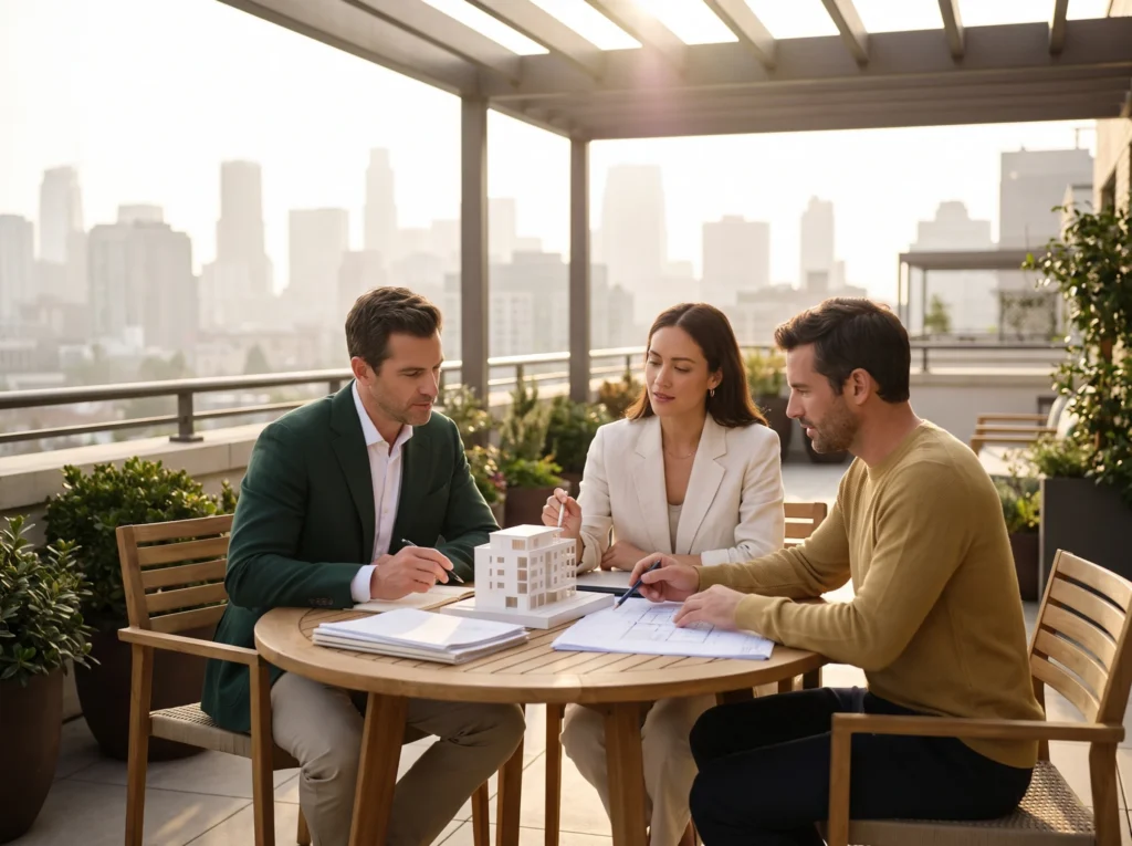 An advisor, a mortgage specialist and a lawyer reviewing documents on a terrace