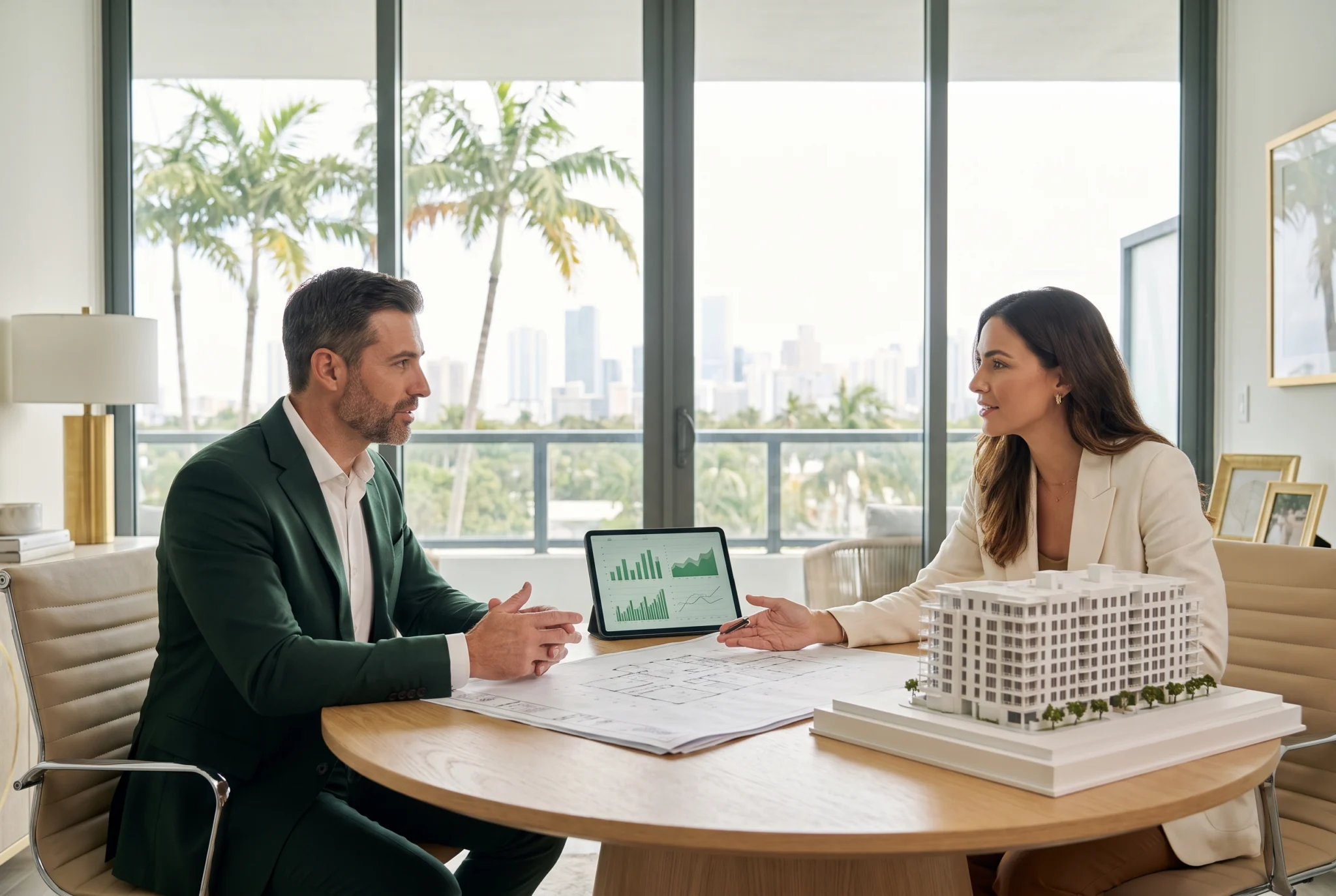 An investment advisor and a client reviewing plans and a scale model of a residential building