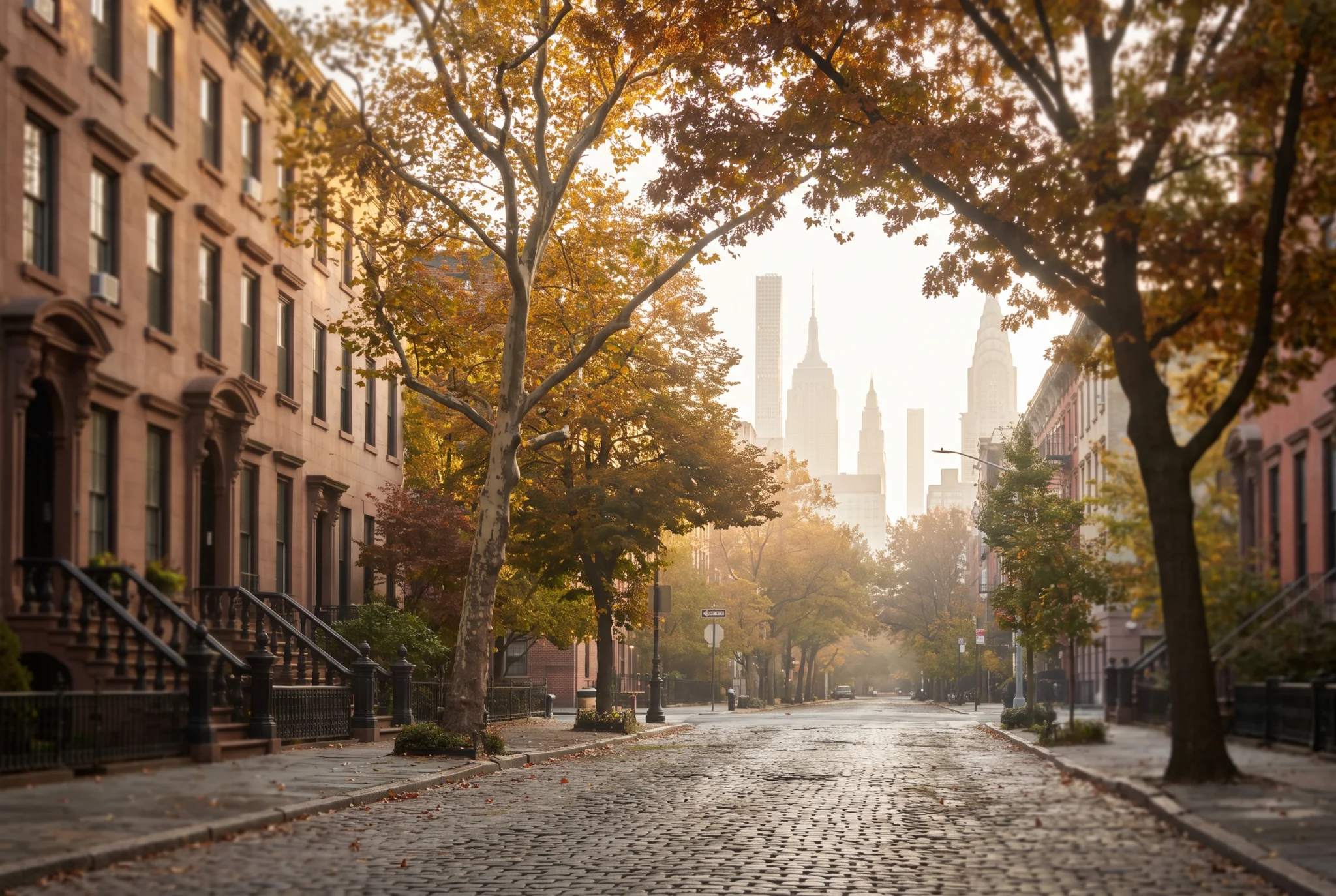 A quiet tree-lined street of brownstones in Manhattan with the Empire State Building in the distance