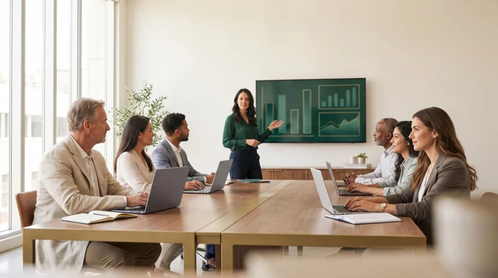 Agents in a training session while a trainer presents charts on a wall screen