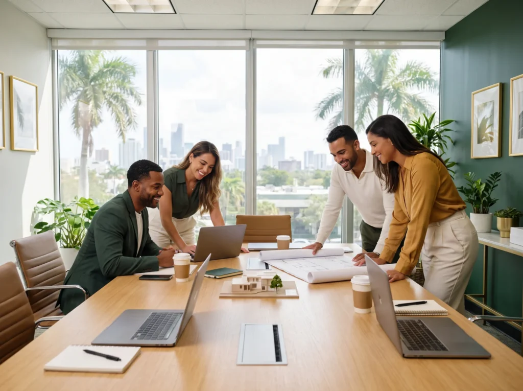 A team of real estate professionals working together around a table in a bright Miami office