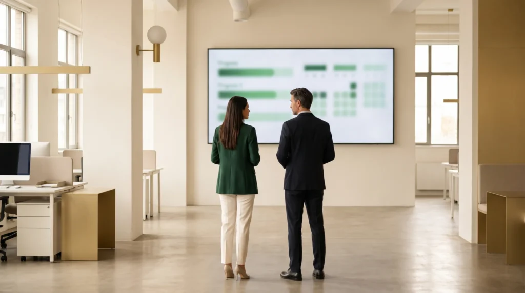 Two colleagues reviewing a transaction timeline on a wall screen in an open office