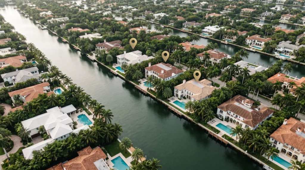 Aerial view of a waterfront neighbourhood in Miami with villas and pools along a canal
