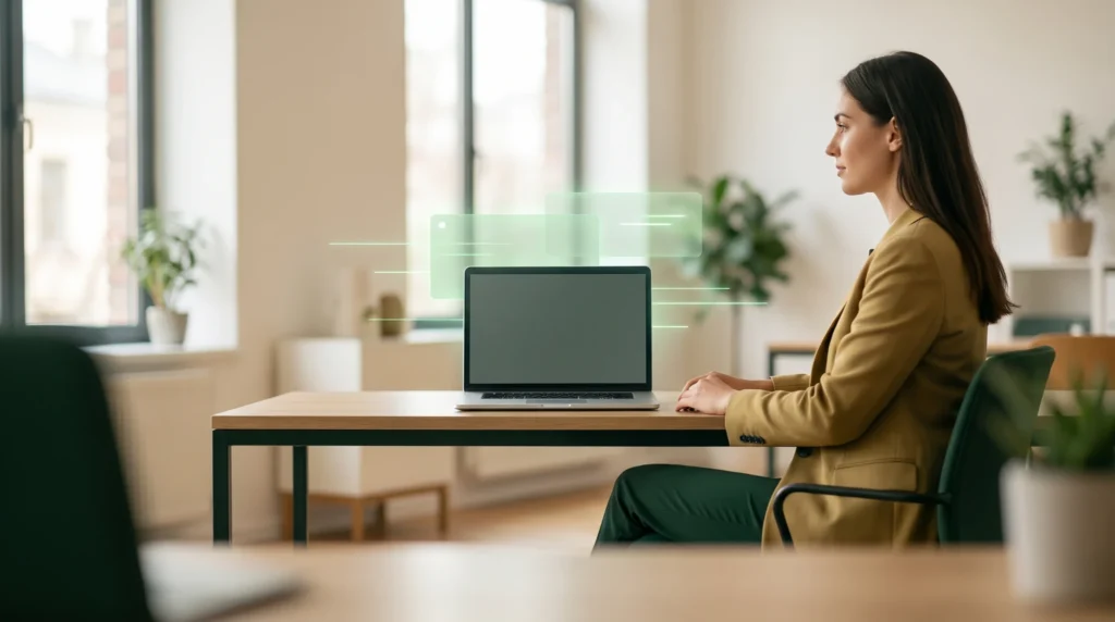 An agent working on a laptop with soft green light cards floating above it