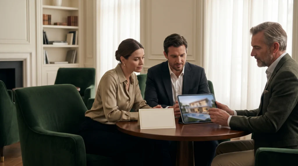 Two clients and an advisor around a table reviewing a property on a tablet