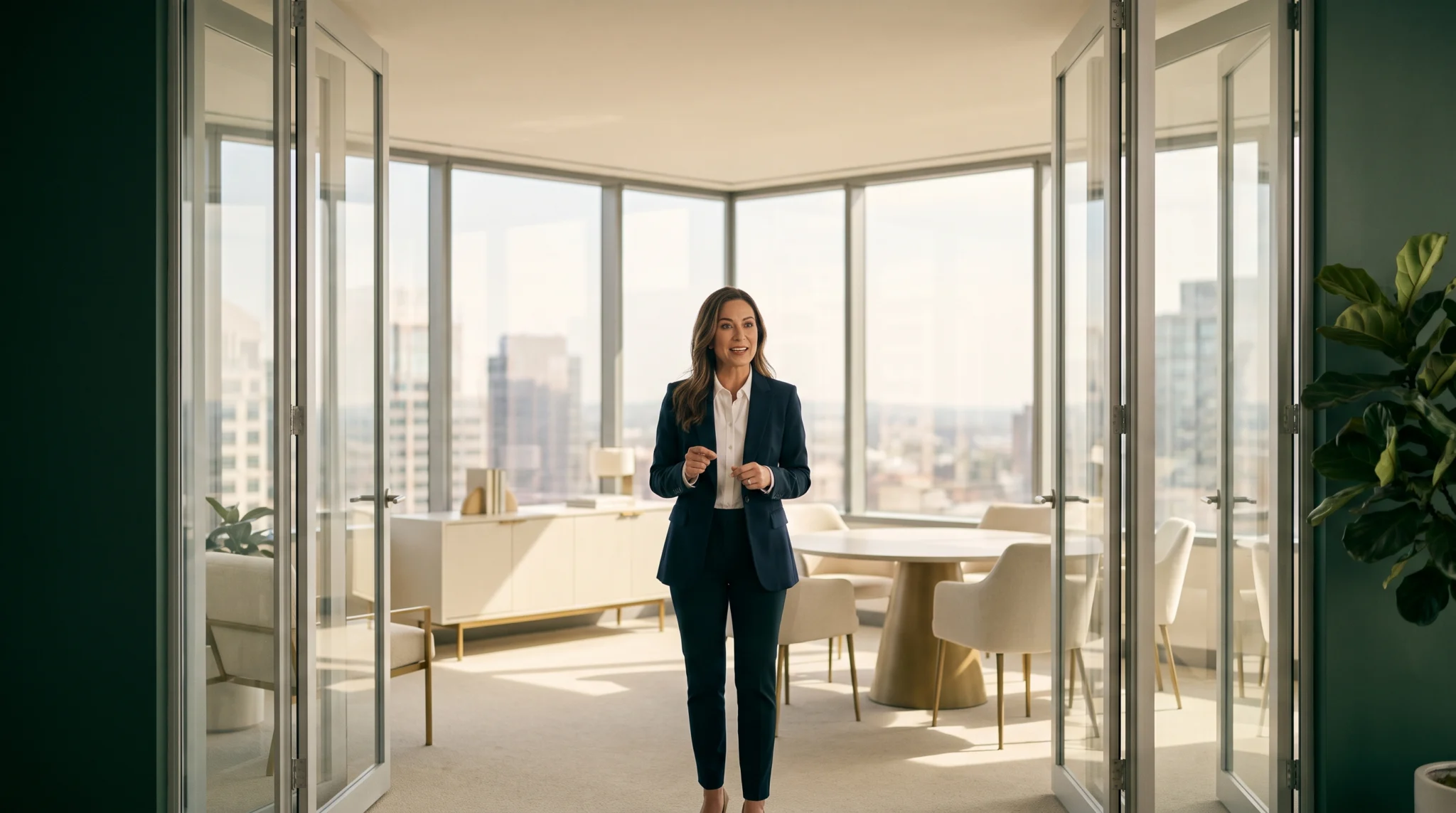 A real estate agent welcoming visitors in a bright corner office