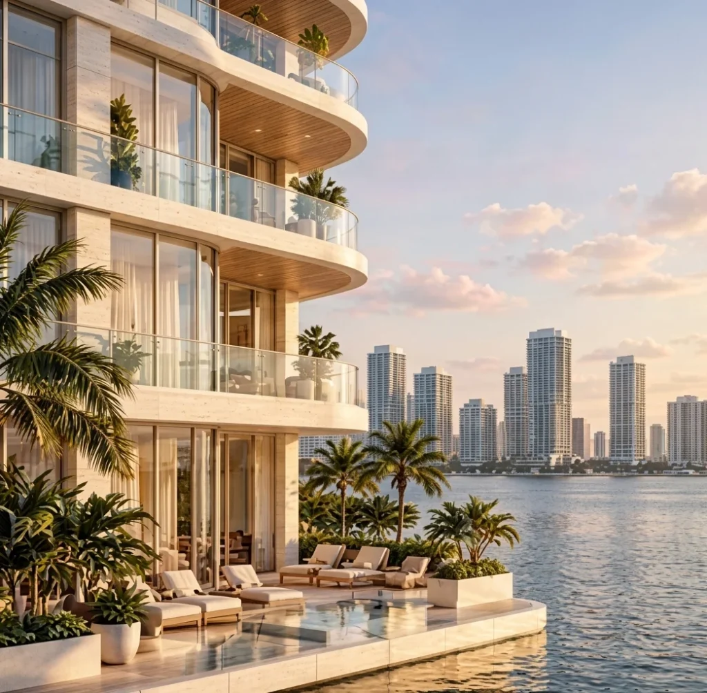 Waterfront condominium with curved balconies and a pool terrace, the city skyline behind