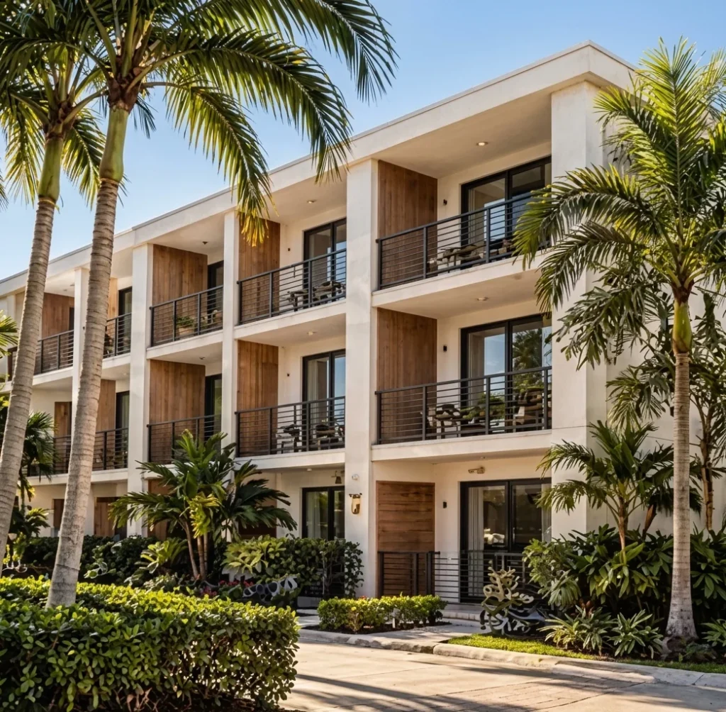Three-storey apartment building with wooden balconies, among palm trees