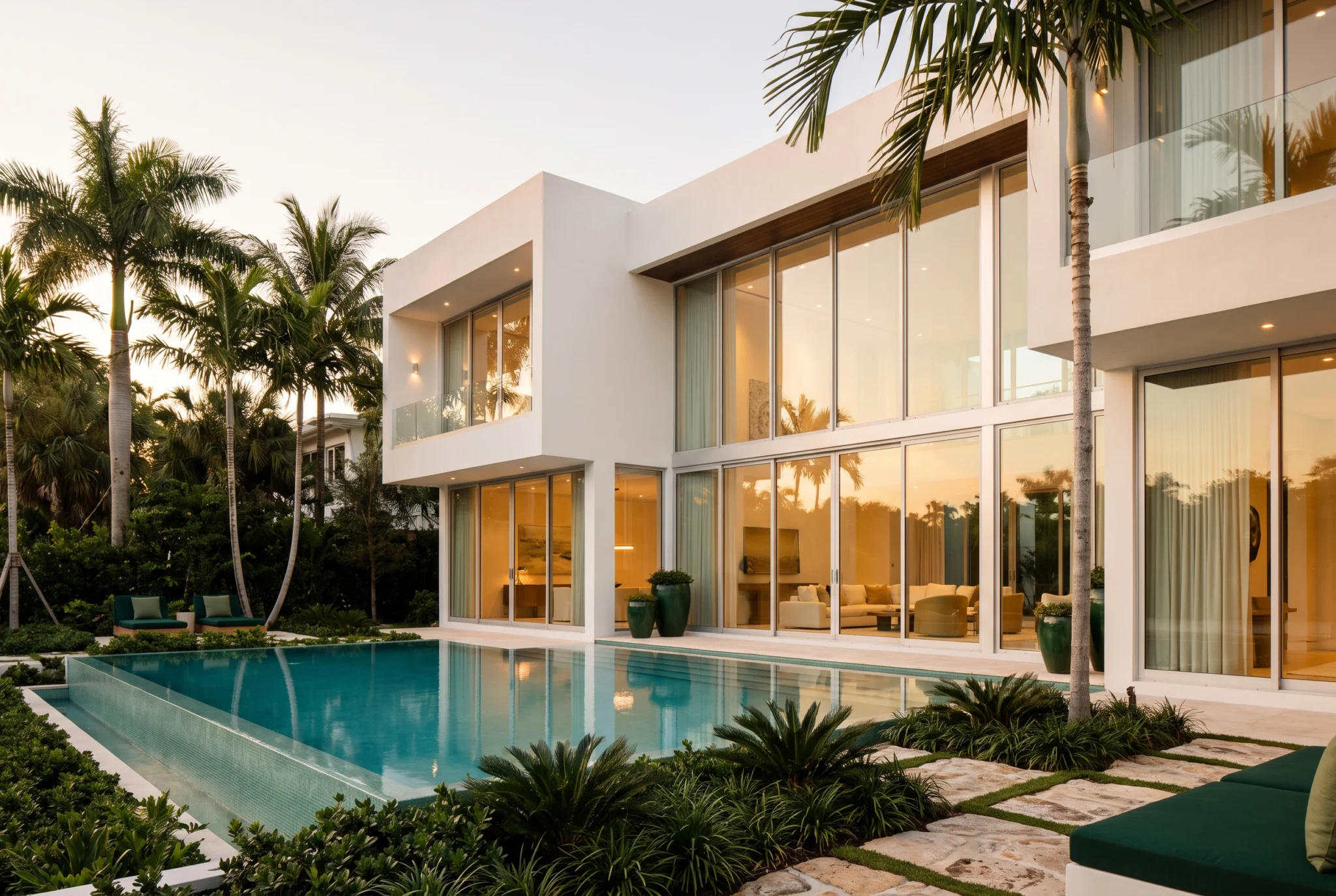 A modern white villa with a pool and palm trees at golden hour