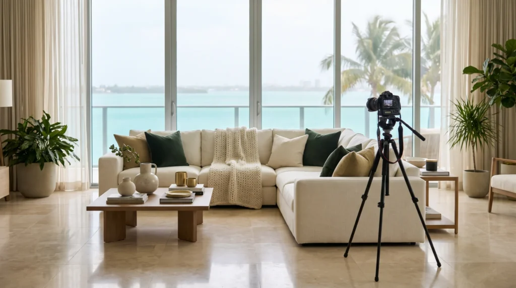 A staged living room with a bay view and a photographer's tripod
