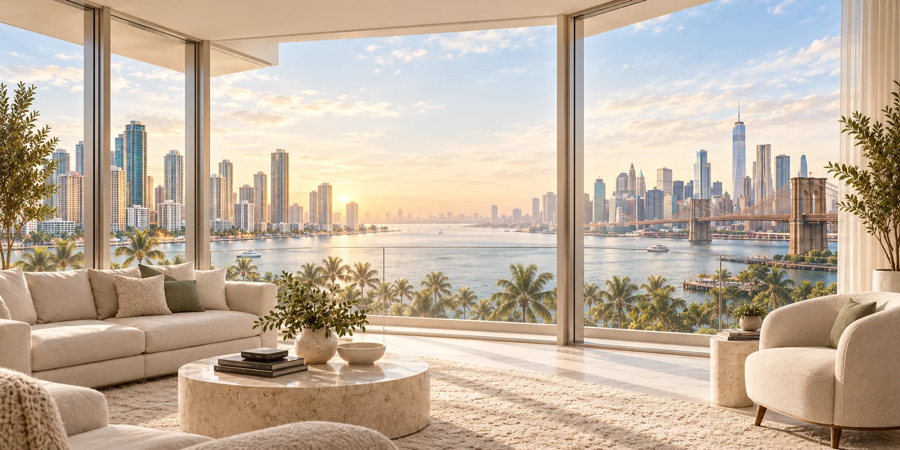 Bright living room with floor-to-ceiling windows overlooking the Miami and New York skylines