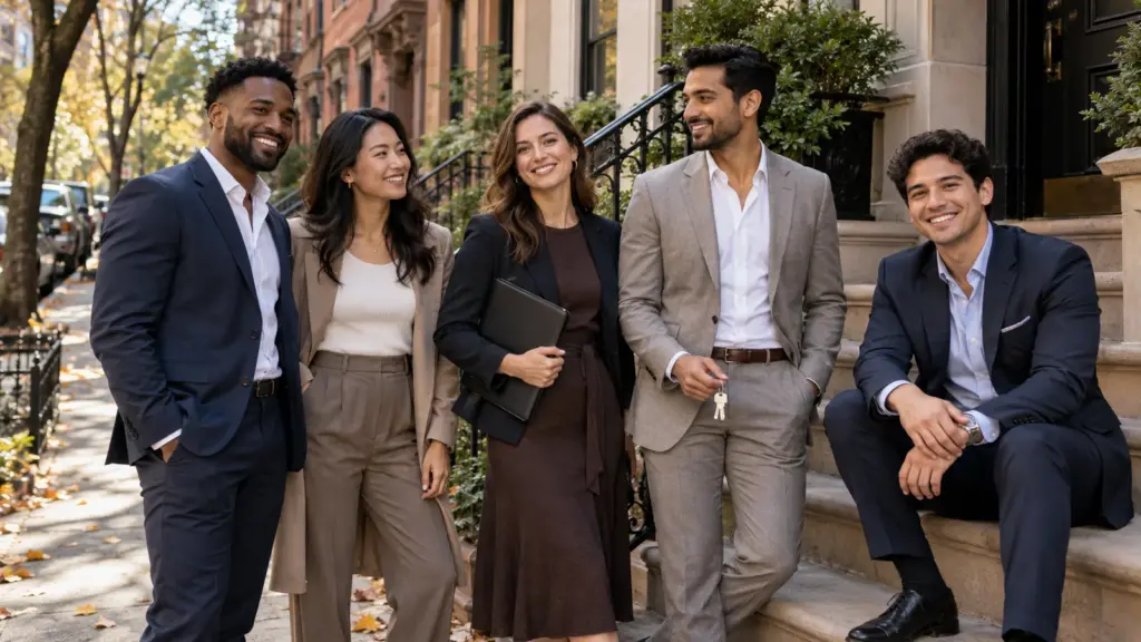Agentes inmobiliarios de Cosmore en la escalinata de un brownstone de Nueva York