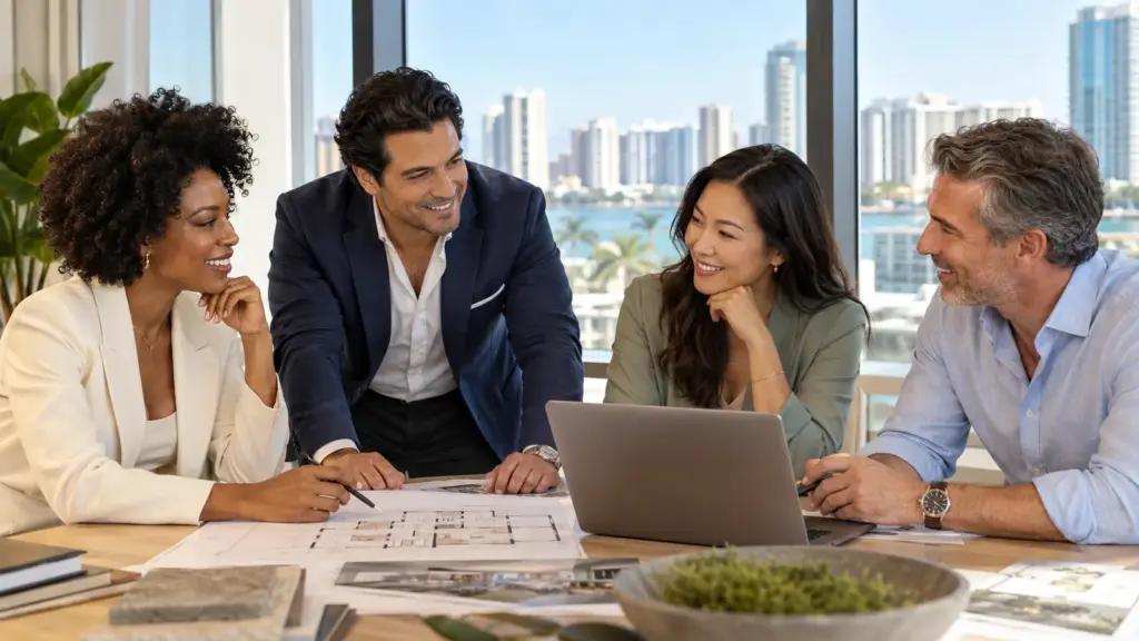 Three real estate professionals meeting in a bright office overlooking Miami.