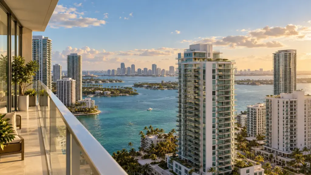 Torres de condominios en Miami y la bahía Biscayne desde un balcón