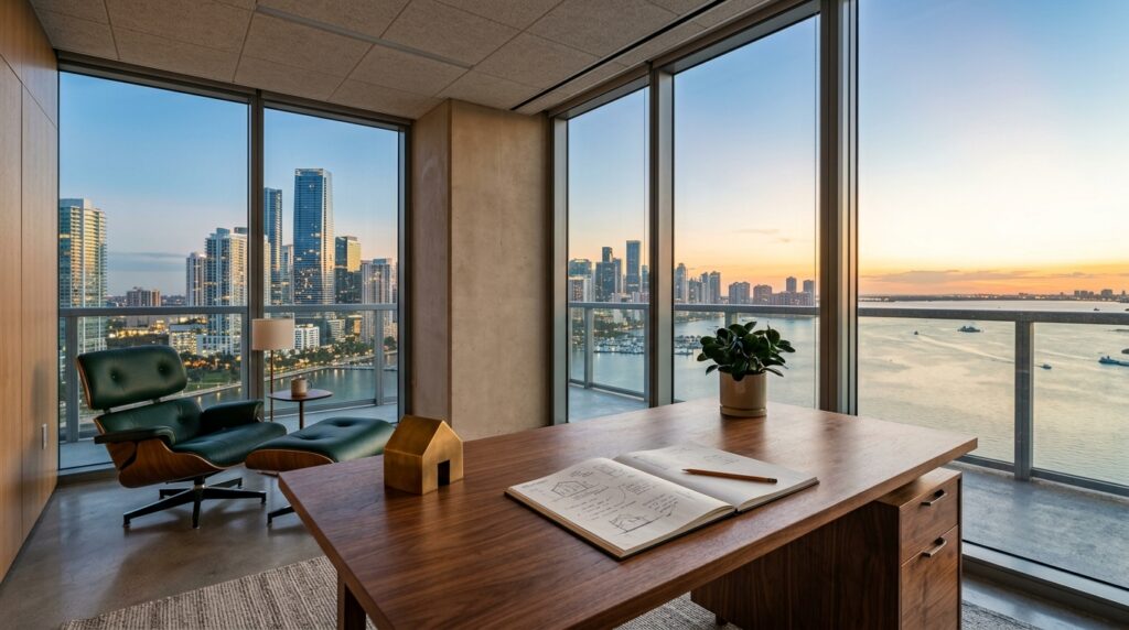 A founder's desk with a sketchbook and a brass house model, with the Miami skyline at sunrise behind